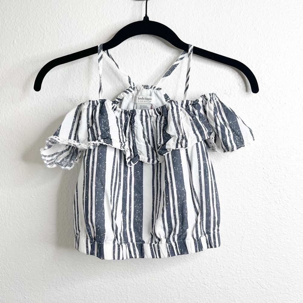 Haute Hippie Kids Navy White Striped Cold Shoulder Ruffle Top Size L 10 12
